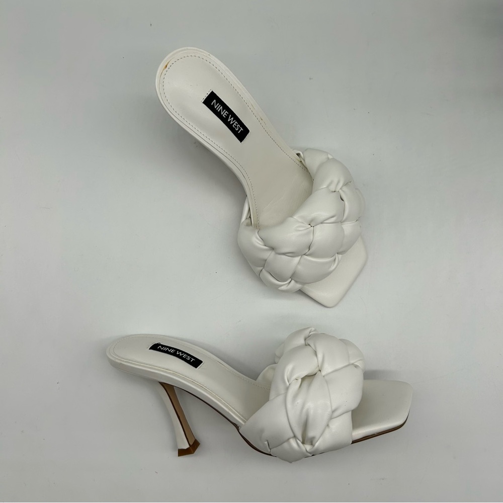 NINE WEST Women's Yoyo slip on Heeled Dress Sandals white faux leather size 7M